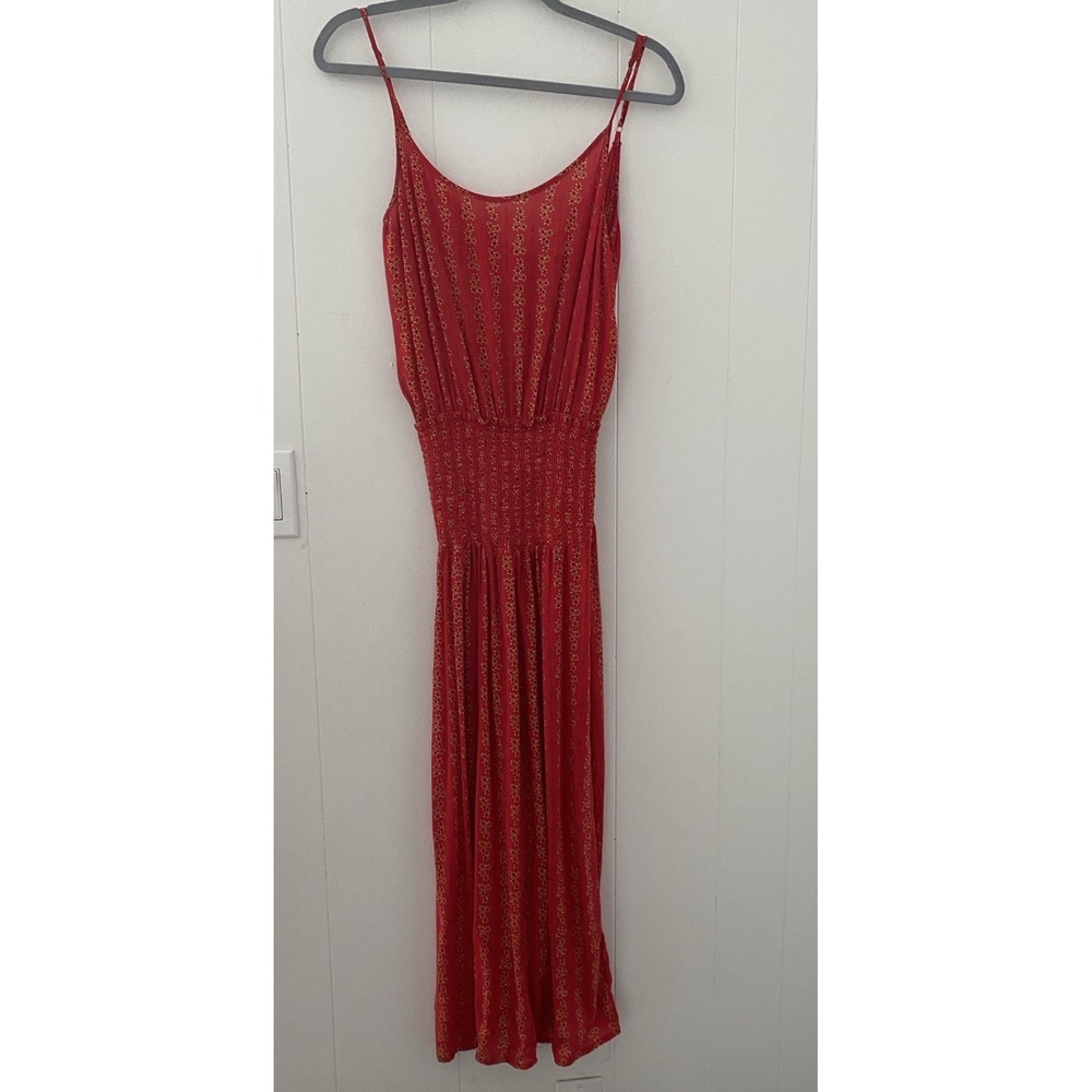 Nomad Red Floral Smocked Waist Maxi Dress Women's Size Medium Boho Rayon